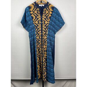 Taaga Blue Yellow Abstract Print Short Sleeve Midi Button Up Kaften Dress Size M